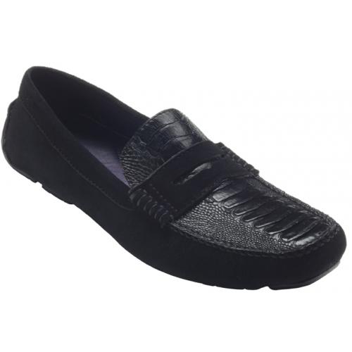 David X "Penny" Black Genuine Ostrich Leg Loafer Shoes